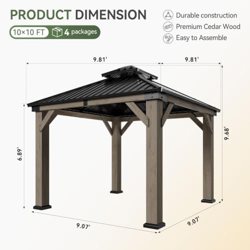 10' x 10' Cedar Wood Gazebo with Double Galvanized Steel Roof, Gray in Gray, alternate view 2