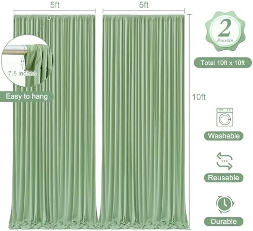 10 x 10 Sage Green Backdrop Curtain with Lights String for Party in W5' x H10'(2 panels) in Sage Green, alternate view 3