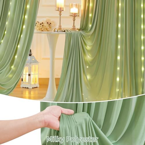 10 x 10 Sage Green Backdrop Curtain with Lights String for Party in W5' x H10'(2 panels) in Sage Green, alternate view 4