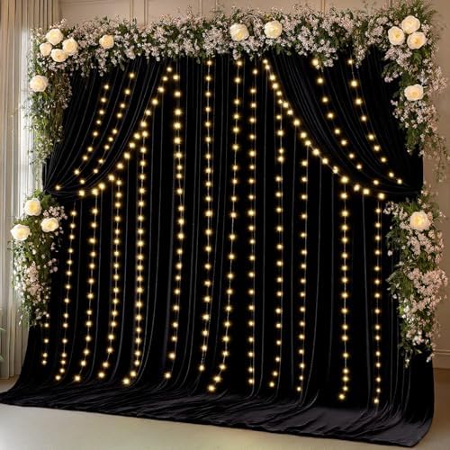 10 x 10ft Black Backdrop Curtains with Lights String for Party in W5' x H10'(2 panels) in Black