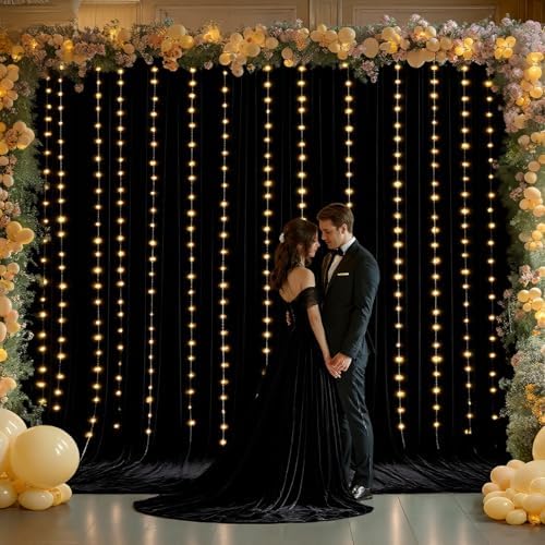 10 x 10ft Black Backdrop Curtains with Lights String for Party in W5' x H10'(2 panels) in Black, alternate view 2