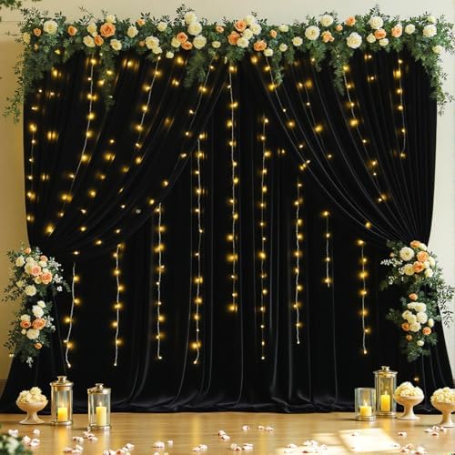 10 x 10ft Black Backdrop Curtains with Lights String for Party in W5' x H10'(2 panels) in Black, alternate view 3