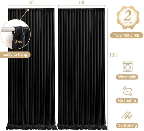 10 x 10ft Black Backdrop Curtains with Lights String for Party in W5' x H10'(2 panels) in Black, alternate view 4