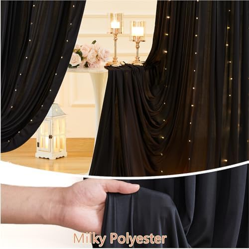 10 x 10ft Black Backdrop Curtains with Lights String for Party in W5' x H10'(2 panels) in Black, alternate view 5