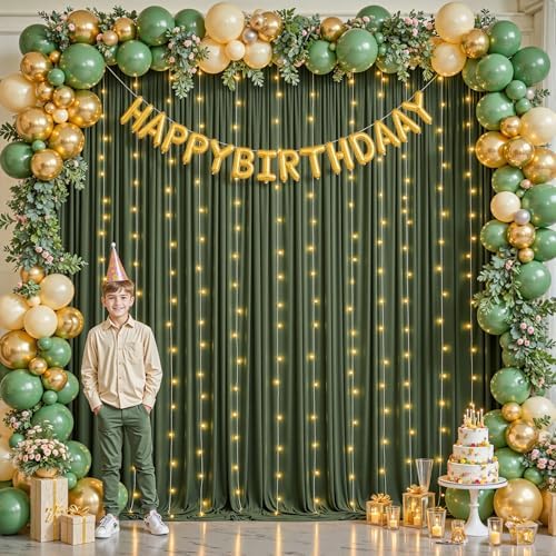10 x 10ft Olive Green Backdrop Curtains with Lights String in W5' x H10'(2 panels) in Olive Green