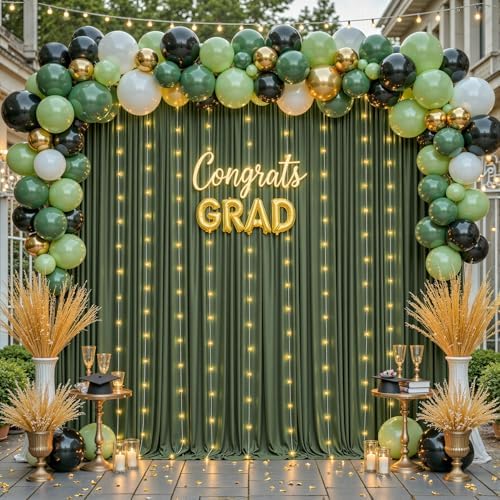 10 x 10ft Olive Green Backdrop Curtains with Lights String in W5' x H10'(2 panels) in Olive Green, alternate view 2