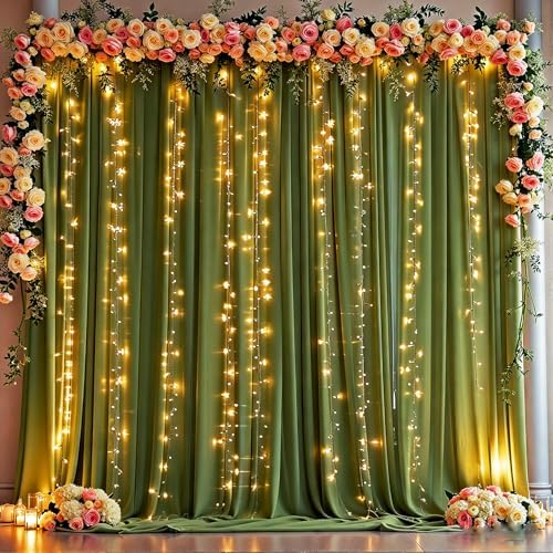 10 x 10ft Olive Green Backdrop Curtains with Lights String in W5' x H10'(2 panels) in Olive Green, alternate view 3