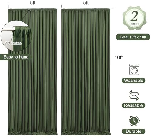 10 x 10ft Olive Green Backdrop Curtains with Lights String in W5' x H10'(2 panels) in Olive Green, alternate view 4