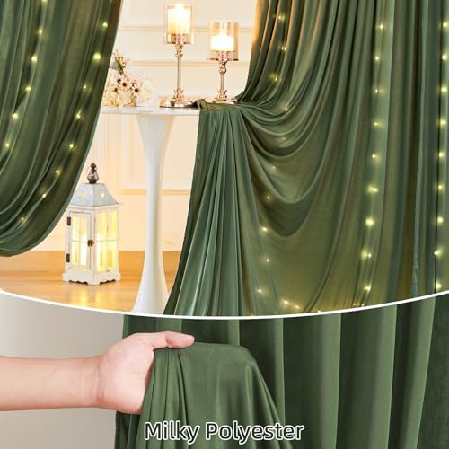 10 x 10ft Olive Green Backdrop Curtains with Lights String in W5' x H10'(2 panels) in Olive Green, alternate view 5