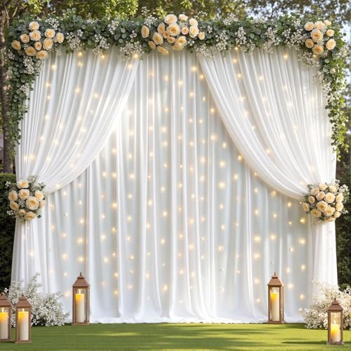 10 x 10ft White Backdrop Curtains with Lights String for Party in W5' x H10'(2 panels) in White