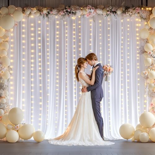 10 x 10ft White Backdrop Curtains with Lights String for Party in W5' x H10'(2 panels) in White, alternate view 2
