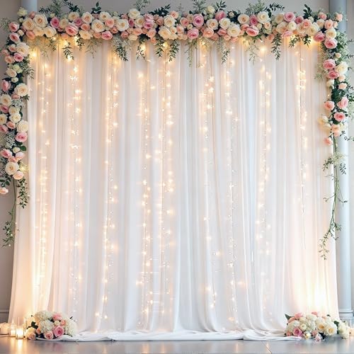10 x 10ft White Backdrop Curtains with Lights String for Party in W5' x H10'(2 panels) in White, alternate view 3