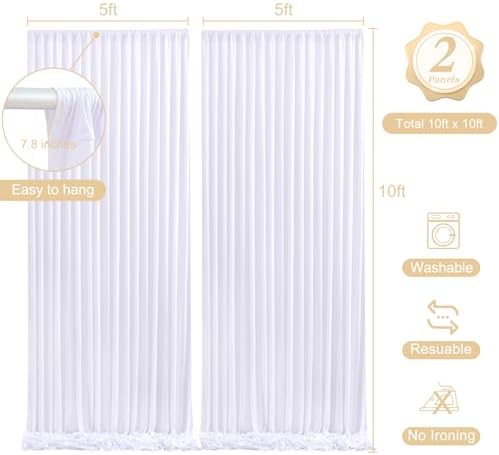 10 x 10ft White Backdrop Curtains with Lights String for Party in W5' x H10'(2 panels) in White, alternate view 4