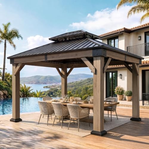 10' x 12' Cedar Wood Gazebo with Double Galvanized Steel Roof, Gray in Gray