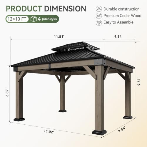 10' x 12' Cedar Wood Gazebo with Double Galvanized Steel Roof, Gray in Gray, alternate view 2