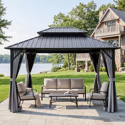 10' x 12' Hardtop Gazebo, Aluminum Frame Outdoor Patio Gazebo with Netting and Curtains, Outdoor Hardtop