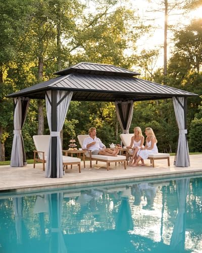 10' x 12' Hardtop Gazebo, Aluminum Frame Outdoor Patio Gazebo with Netting and Curtains, Outdoor Hardtop, alternate view 3