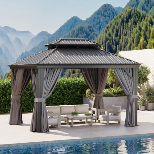 10' X 12' Hardtop Gazebo with Drainage System Outdoor Gazebo, Gray in Gray