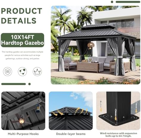 10' X 14' Hardtop Gazebo with Drainage, Aluminum Outdoor Gazebos, alternate view 6