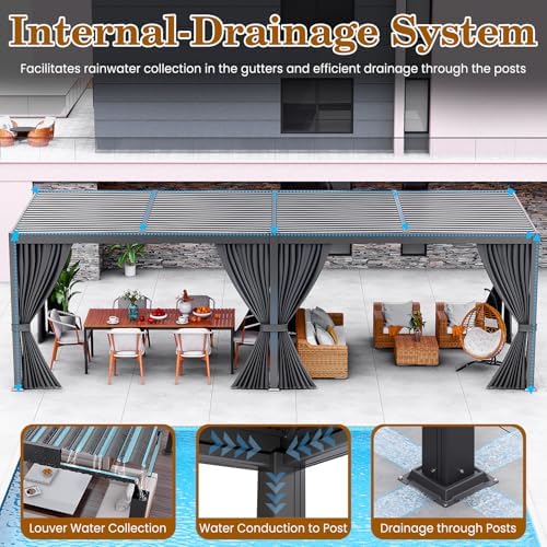 10' x 20' Louvered Pergola with Adjustable Roof & Drainage System, Weatherproof Outdoor Metal Gazebo with, alternate view 4