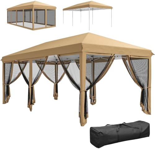 10' x 20' Pop Up Canopy Tent with Netting, Beige in Beige