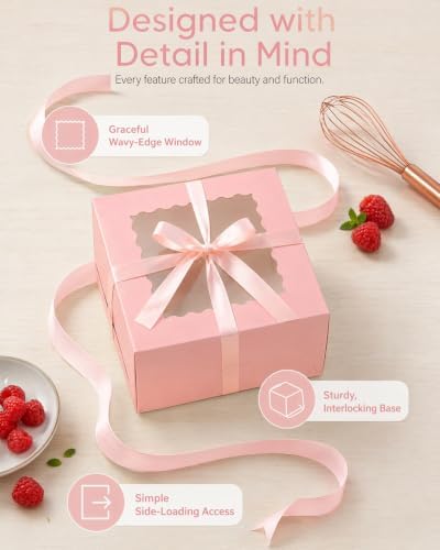 10"x10"x5" Cake Box, 36 Sets Pink Cake Box with Window & 36 Sets 10" Pink Cake Round Boards, for Cake, Treat, alternate view