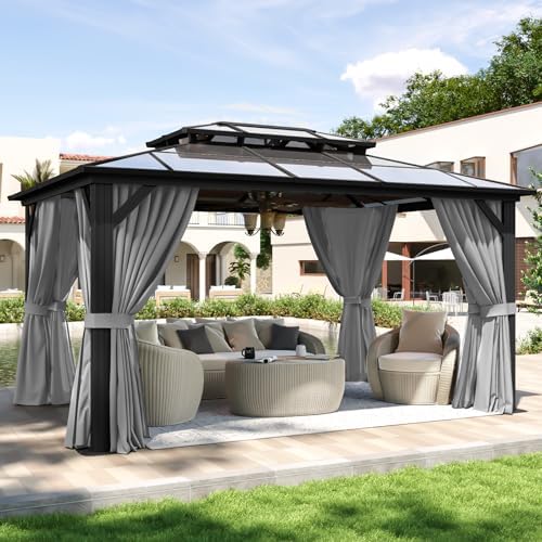 10'x14' Hardtop Gazebo with Polycarbonate Double Roof, Gray in Gray