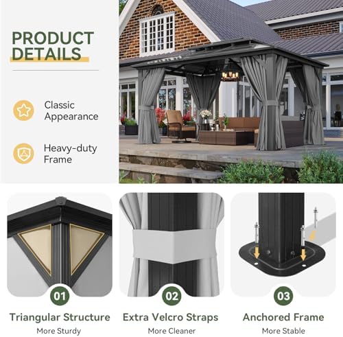 10'x14' Hardtop Gazebo with Polycarbonate Double Roof, Gray in Gray, alternate view 6