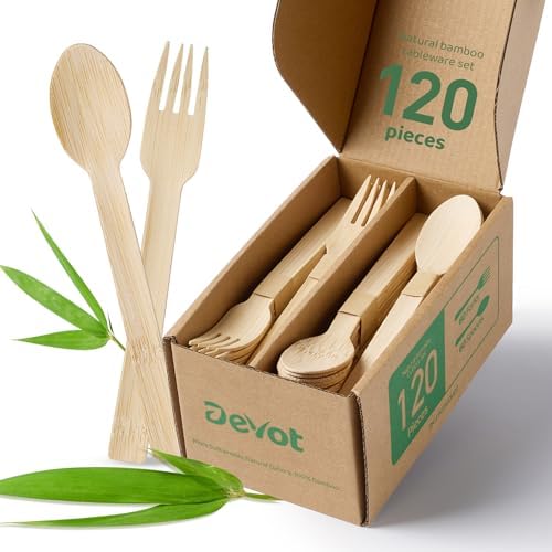 100% Bamboo Disposable Cutlery Set - 120 Mix (60 Forks,60 Spoons) in Natural Bamboo