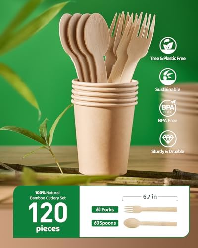 100% Bamboo Disposable Cutlery Set - 120 Mix (60 Forks,60 Spoons) in Natural Bamboo, alternate view 3