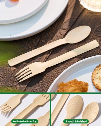 100% Bamboo Disposable Cutlery Set - 120 Mix (60 Forks,60 Spoons) in Natural Bamboo, alternate view 5
