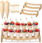 100 Charcuterie Cones with 2 Cone Holders & Toothpicks, Fan Shape in natural wood tone