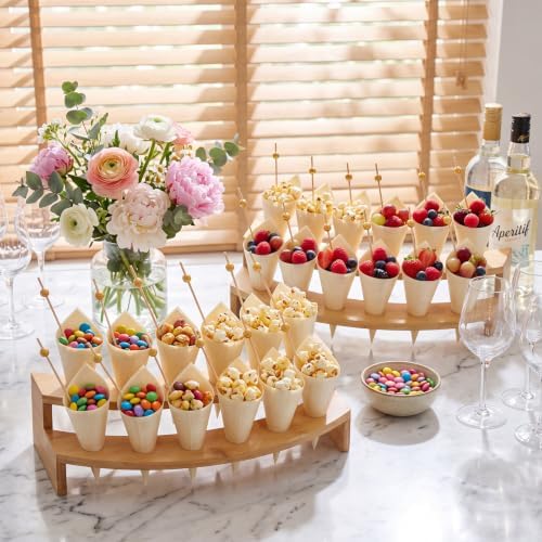 100 Charcuterie Cones with 2 Cone Holders & Toothpicks, Fan Shape in natural wood tone, alternate view 2