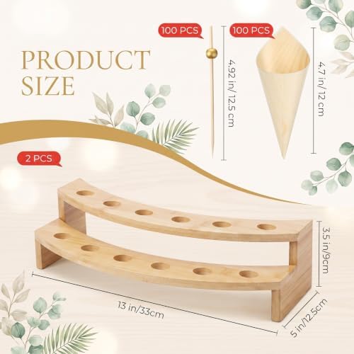 100 Charcuterie Cones with 2 Cone Holders & Toothpicks, Fan Shape in natural wood tone, alternate view 3