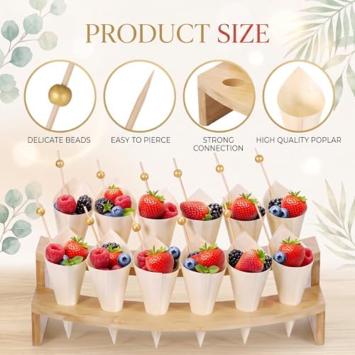 100 Charcuterie Cones with 2 Cone Holders & Toothpicks, Fan Shape in natural wood tone, alternate view 4