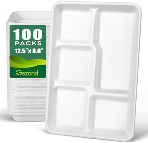 100% Compostable 5 Compartment Plates Disposable 12.5 Inch 100 Pack in 12.5 in compartment plates 100 count in
