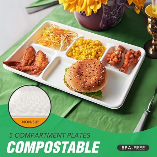 100% Compostable 5 Compartment Plates Disposable 12.5 Inch 100 Pack in 12.5 in compartment plates 100 count in, alternate