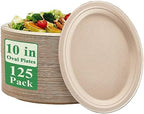 100% Compostable Oval Paper Plates 10 inch 125 Pack, Nature in 10 inches in 10 in Nature