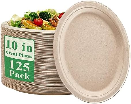 100% Compostable Oval Paper Plates 10 inch 125 Pack, Nature in 10 inches in 10 in Nature