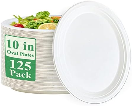 100% Compostable Oval Paper Plates 10 inch 125 Pack, White in 10 inches in 10 in 125 Pack White