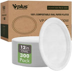 100% Compostable Oval Paper Plates 12 inch 300 Pack, White in Extra Large in 12 in White