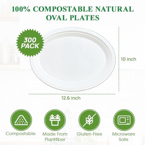 100% Compostable Oval Paper Plates 12 inch 300 Pack, White in Extra Large in 12 in White, alternate view 3