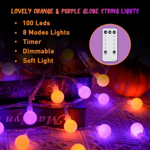 100 LED Globe Orange and Purple Halloween Lights Indoor Remote, alternate view 5