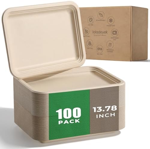 100 Pack 14 Inch Disposable Compostable Sugarcane Platters Biodegradable in 14 x 10 inch extra large in Beige