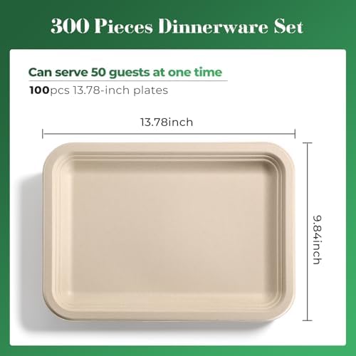100 Pack 14 Inch Disposable Compostable Sugarcane Platters Biodegradable in 14 x 10 inch extra large in Beige, alternate view