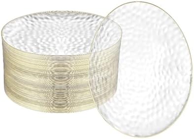 100 Pack 7 Inch Clear Plastic Plates - Hammered Gold Rimmed Sturdy, Durable And Extra Heavy duty Gold Plastic