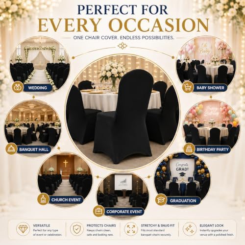 100 Pack Black Spandex Chair Covers - Stretch Polyester Slipcovers for Wedding, Banquet, Party & Dining Chairs, alternate