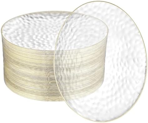 100 Pack Clear Plastic Plates For Wedding - 10 IN Hammered Gold Rimmed Sturdy, Durable And Extra Heavy duty Gold