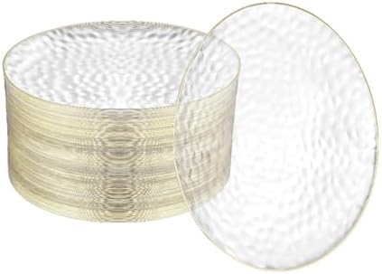 100 Pack Clear Plastic Plates For Wedding - 9 Inch Hammered Gold Rimmed Sturdy, Durable And Extra Heavy duty