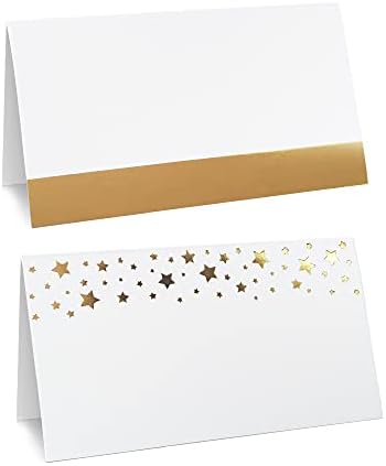 100 Pack Gold Place Cards for Wedding Party Reception, 2" X 3.5, Double Design, Gold Foil Stars and Line, Scored